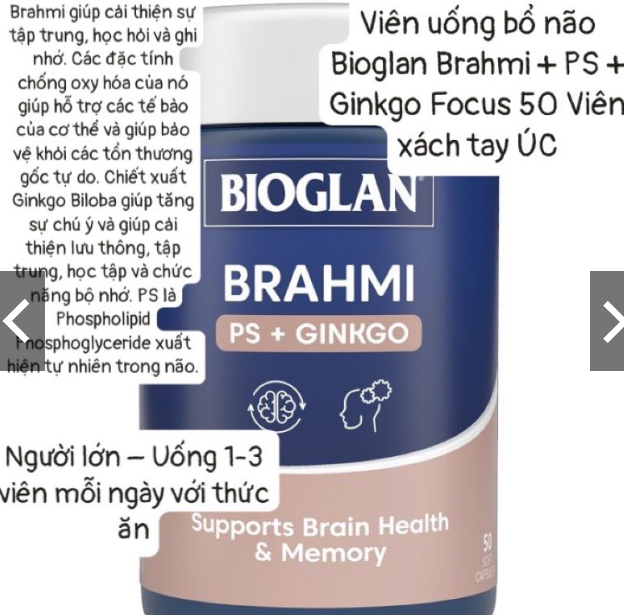 Viên hỗ trợ chức năng não và trí nhớ Bioglan Brahmi + PS + Ginkgo Focus 50 Capsules