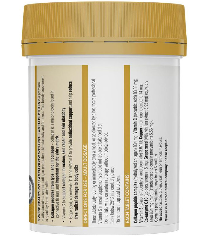 Swisse Beauty Collagen Glow - Collagen thủy phân đẹp da từ hạt nho vitamin E Coq10