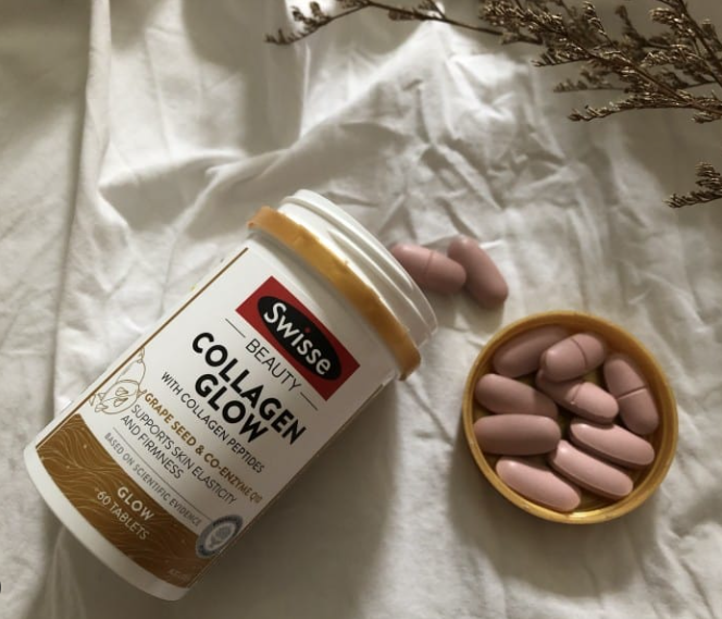 Swisse Beauty Collagen Glow - Collagen thủy phân đẹp da từ hạt nho vitamin E Coq10