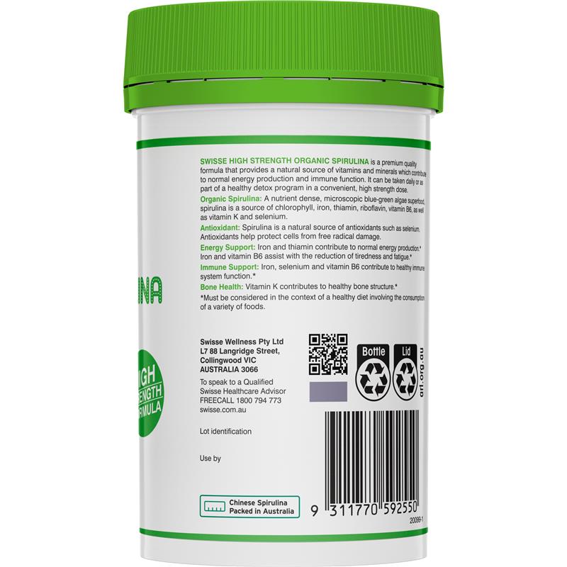 Swisse Tảo Xoắn Hữu Cơ Organic Spirulina 1000mg 200 Viên - Swisse Organic Spirulina 1000mg 200 Tablets