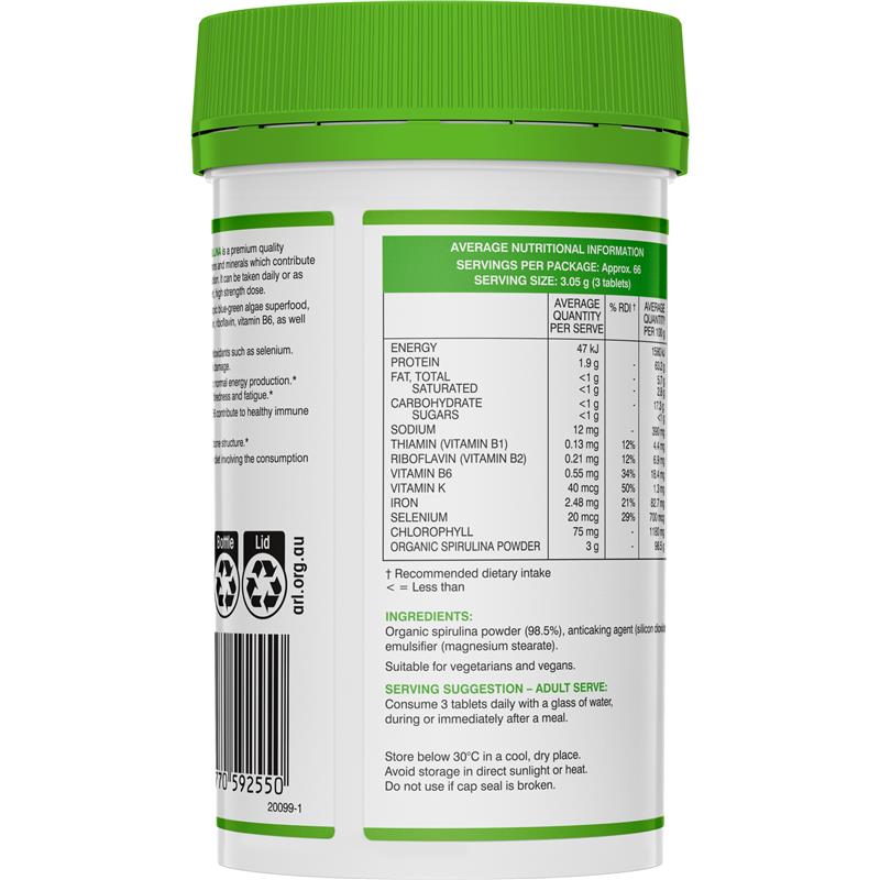 Swisse Tảo Xoắn Hữu Cơ Organic Spirulina 1000mg 200 Viên - Swisse Organic Spirulina 1000mg 200 Tablets