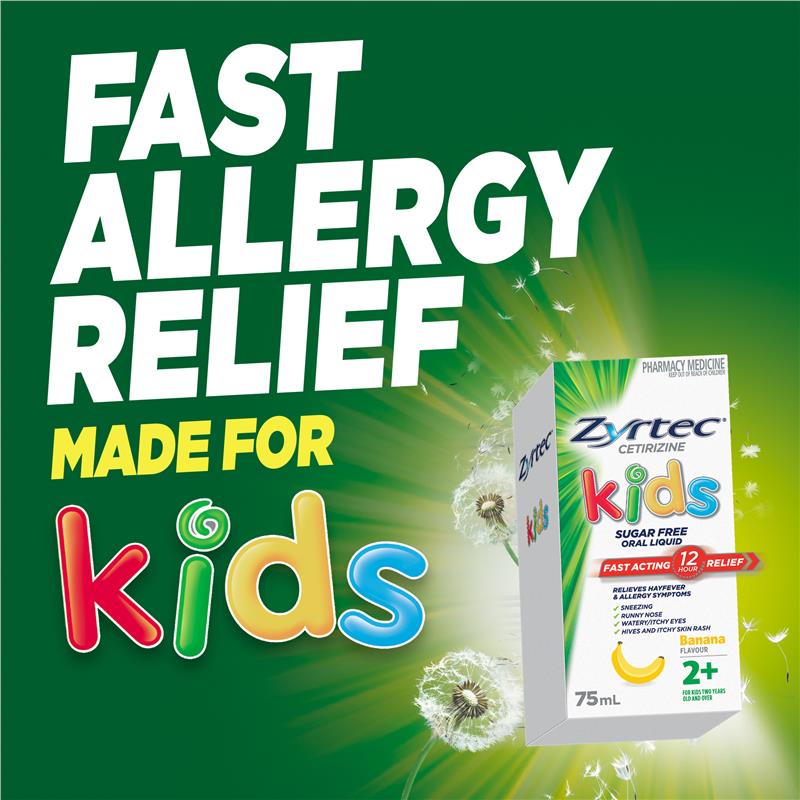 Zyrtec Kids Antihistamine Allergy & Hayfever Oral Liquid Banana - Siro giảm sốt và dị ứng vị chuổi 75ml