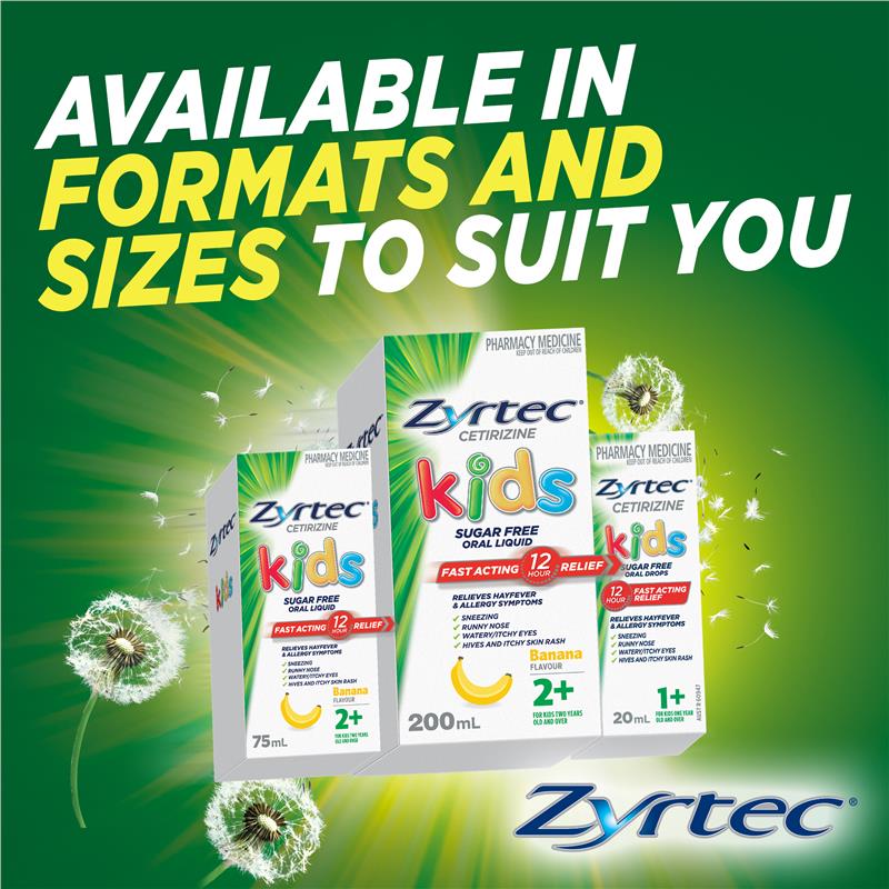 Zyrtec Kids Antihistamine Allergy & Hayfever Oral Liquid Banana - Siro giảm sốt và dị ứng vị chuổi 75ml