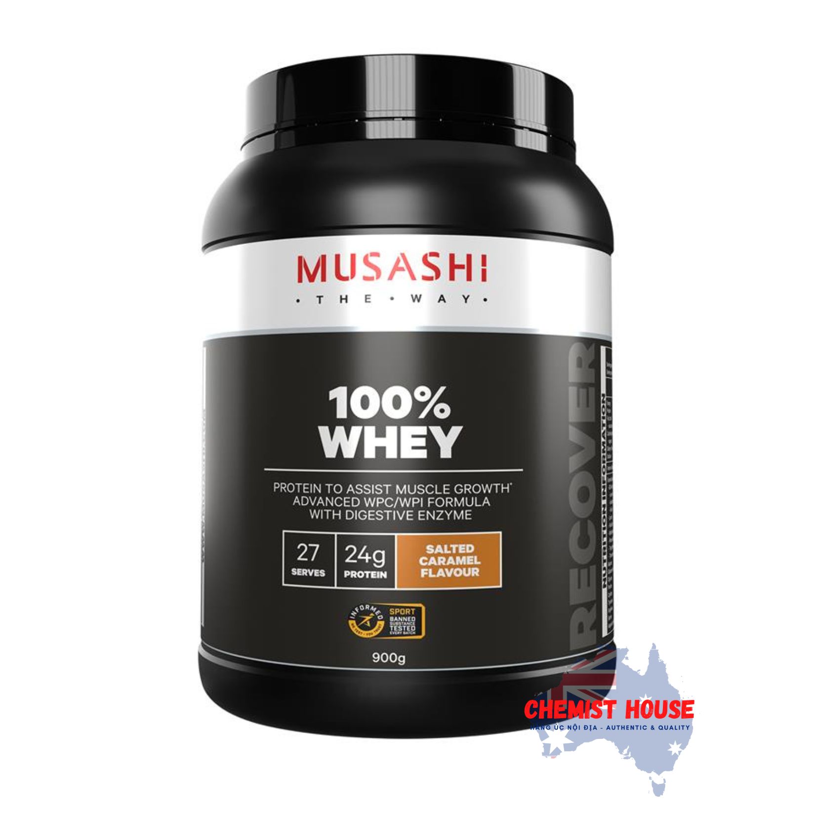 Bột Protein Whey Musashi 100% Hỗ Trợ Tăng Trưởng & Phục Hồi Cơ Bắp Vị Caramel Muối/Vanila/Sô cô la 900g - Musashi 100% Whey Salted Caramel 900g