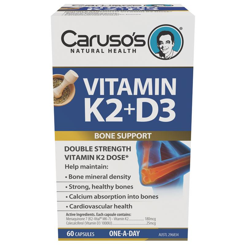 Viên uống Vitamin K2+D3 giúp duy trì xương chắc khỏe Carusos Natural Health Vitamin K2 + D3 60 Capsules