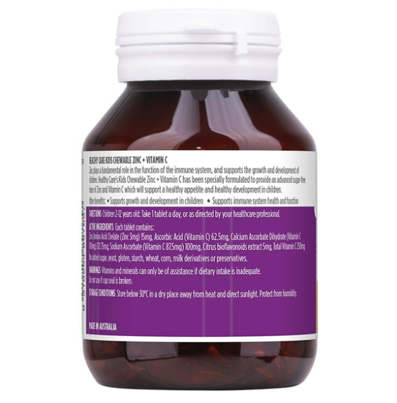 Viên nhai bố sung kẽm ZinC vitamin C cho bé Healthy Care Zinc + Vitamin C 60 viên