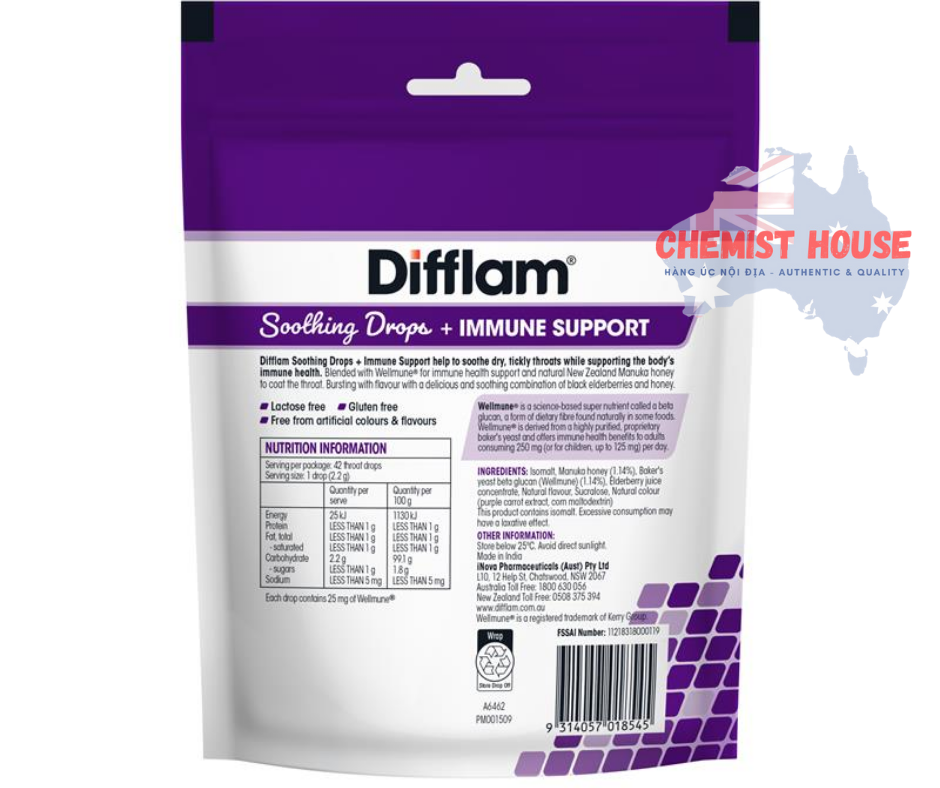 Difflam Soothing Drops + Immune Support Black Elderberry - Kẹo ngậm hỗ trợ giảm đau họng, bổ sung miễn dịch 42 viên