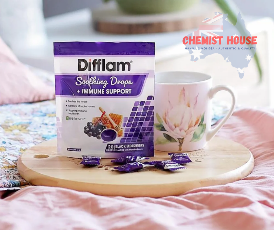 Difflam Soothing Drops + Immune Support Black Elderberry - Kẹo ngậm hỗ trợ giảm đau họng, bổ sung miễn dịch 42 viên
