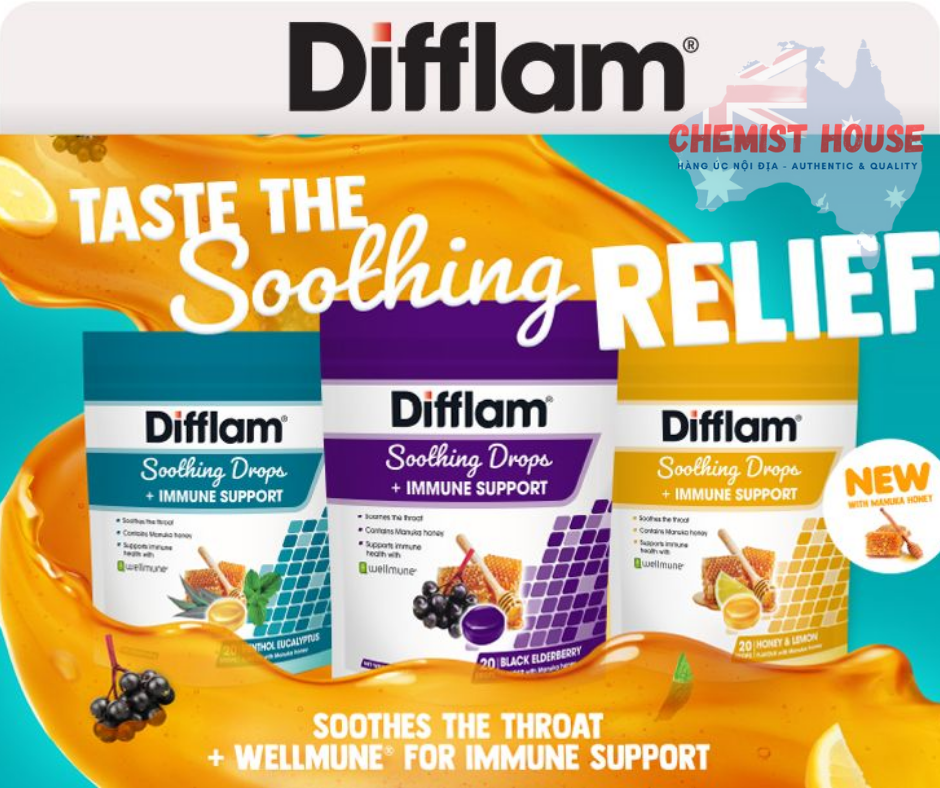 Difflam Soothing Drops + Immune Support Black Elderberry - Kẹo ngậm hỗ trợ giảm đau họng, bổ sung miễn dịch 42 viên