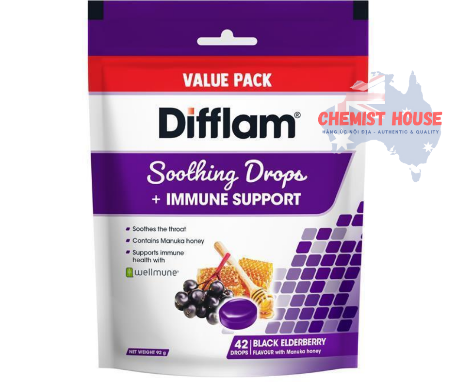 Difflam Soothing Drops + Immune Support Black Elderberry - Kẹo ngậm hỗ trợ giảm đau họng, bổ sung miễn dịch 42 viên