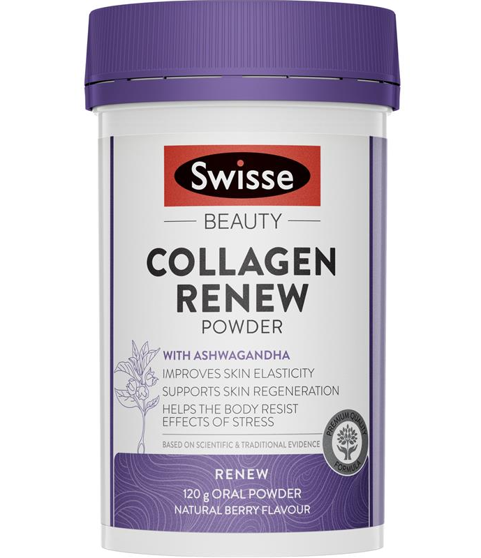 Swise Collagen Renew Giảm Stress Đẹp Da Ngũ Ngon - Dạng BỘT Collagen thủy phân chiết xuất từ nhân sâm Ấn Độ