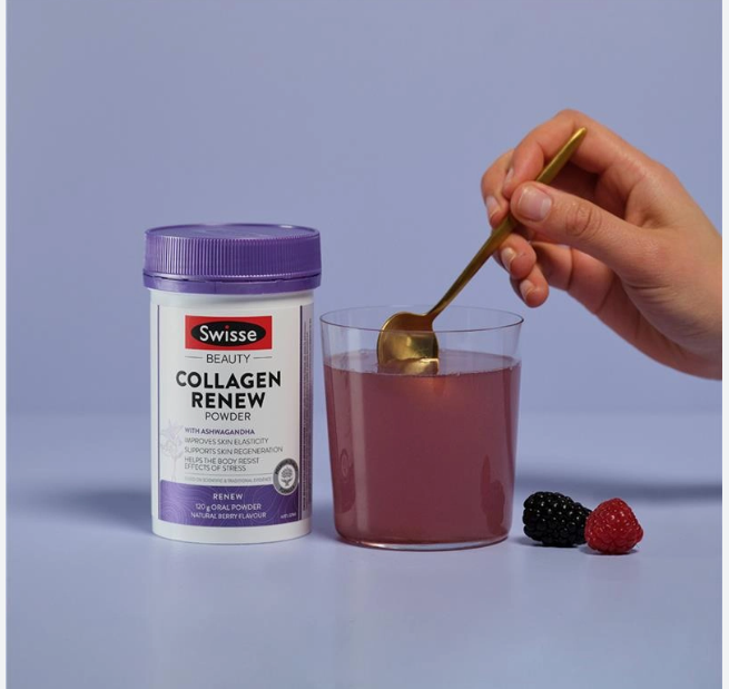 Swise Collagen Renew Giảm Stress Đẹp Da Ngũ Ngon - Dạng BỘT Collagen thủy phân chiết xuất từ nhân sâm Ấn Độ