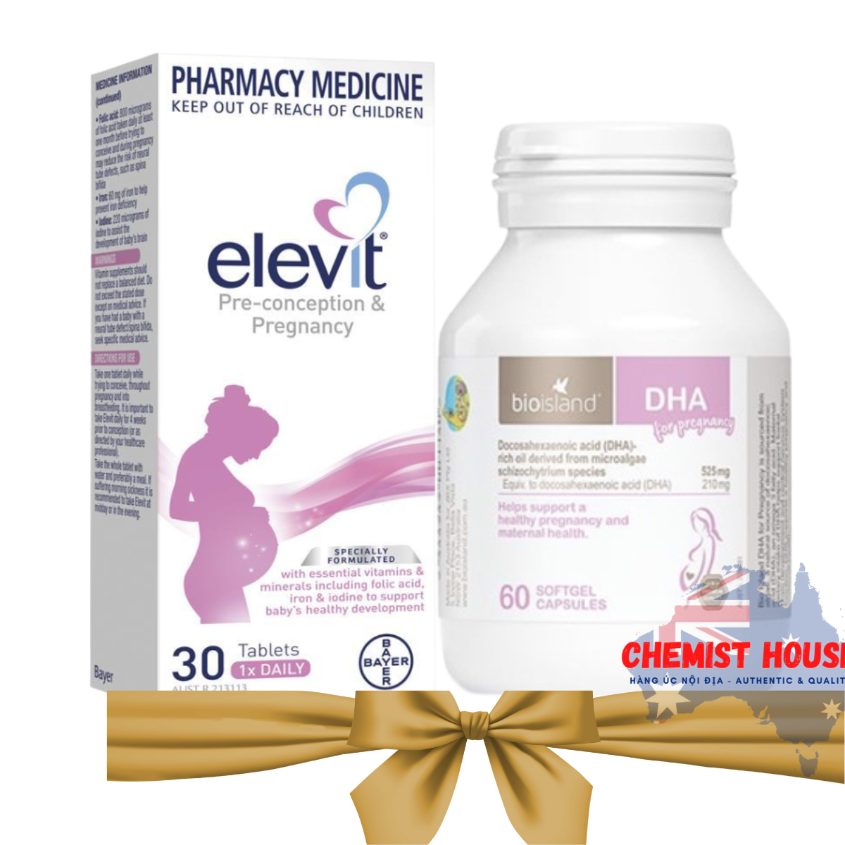 Combo 2 món Vitamin Mẹ Bầu chuẩn Úc (Elevit bầu hồng tổng hợp + DHA Bio Island) trước khi bầu & trong khi bầu chemist