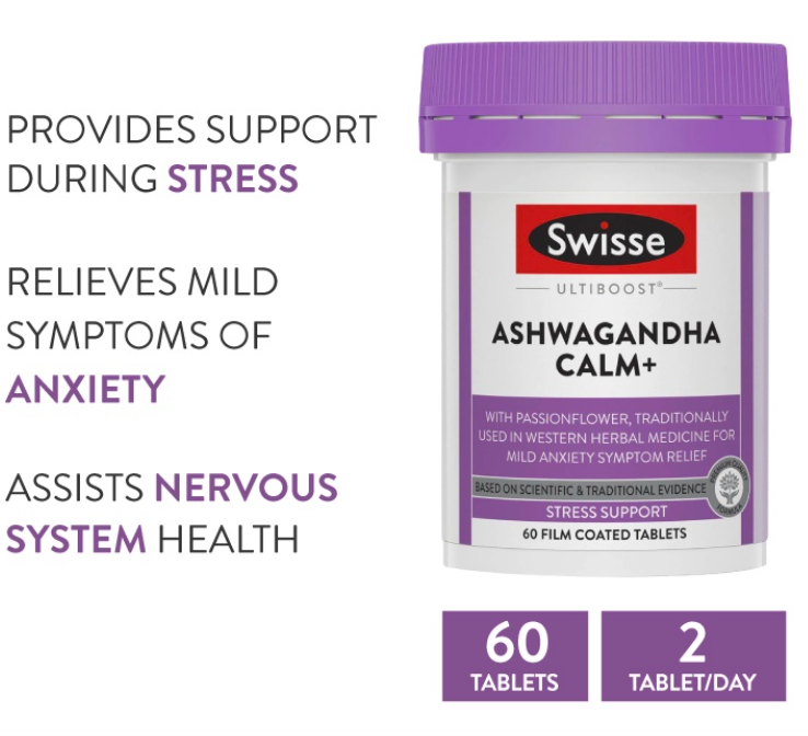Viên uống hỗ trợ giảm stress từ nhân sâm Ấn Độ Ashwagandha - Swisse Ultiboost Ashwagandha Calm+ 60 Viên