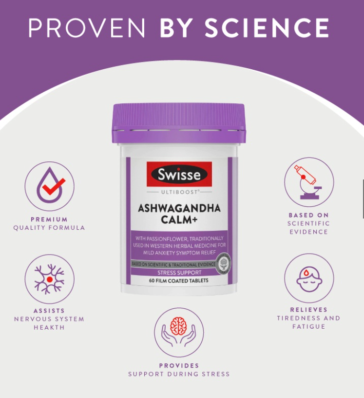 Viên uống hỗ trợ giảm stress từ nhân sâm Ấn Độ Ashwagandha - Swisse Ultiboost Ashwagandha Calm+ 60 Viên