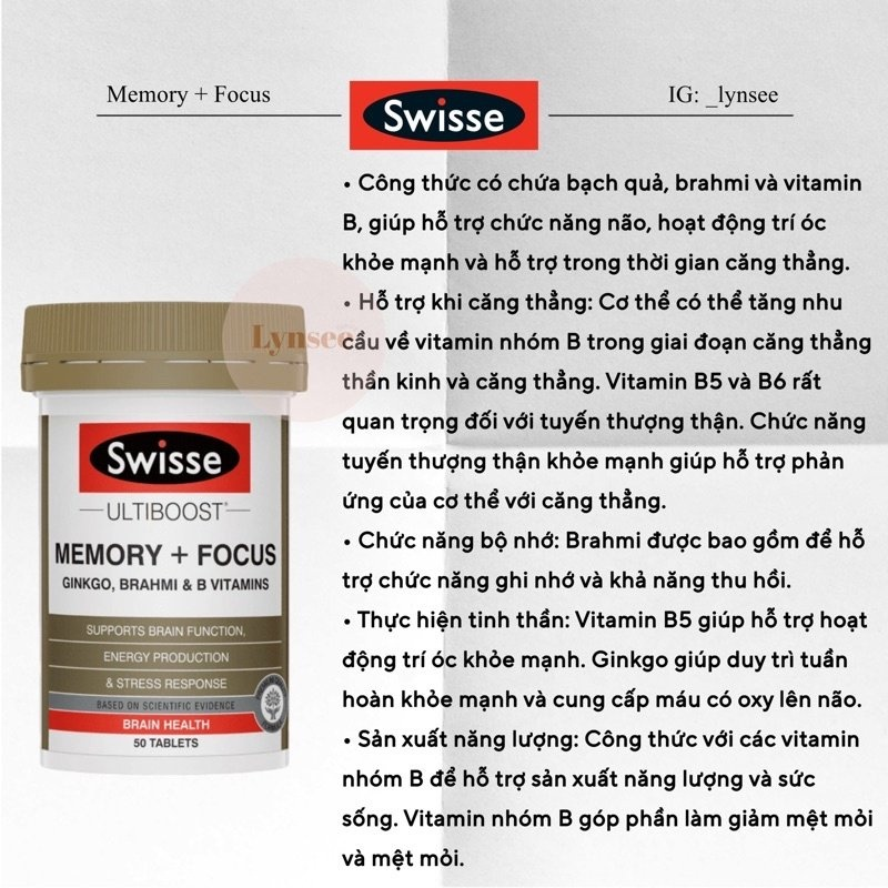 Viên Uống Bỗ Não Tăng Trí Nhớ Tập Trung Từ Bạch Quả Brahmi và Vitamin Nhóm B - Swisse Ultiboost Memory + Focus 50 Viên