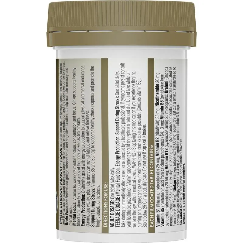 Viên Uống Bỗ Não Tăng Trí Nhớ Tập Trung Từ Bạch Quả Brahmi và Vitamin Nhóm B - Swisse Ultiboost Memory + Focus 50 Viên