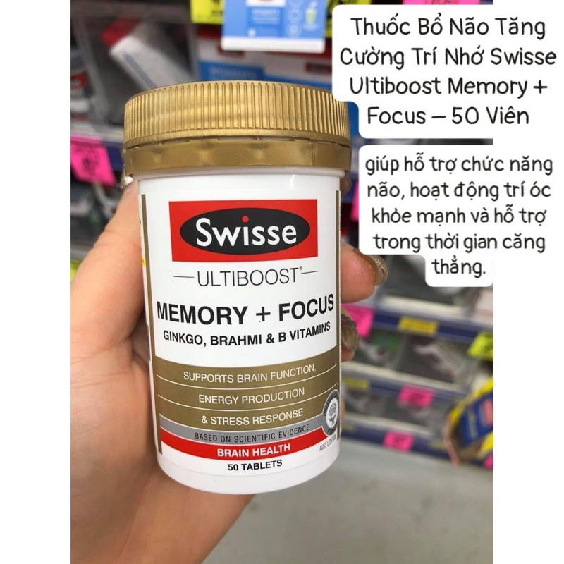 Viên Uống Bỗ Não Tăng Trí Nhớ Tập Trung Từ Bạch Quả Brahmi và Vitamin Nhóm B - Swisse Ultiboost Memory + Focus 50 Viên
