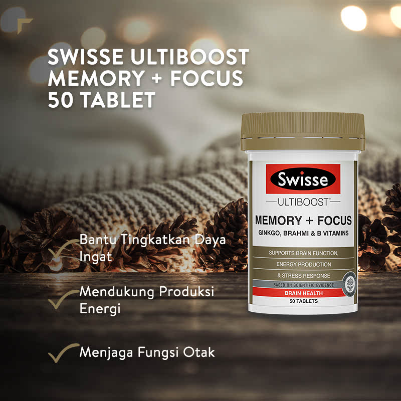 Viên Uống Bỗ Não Tăng Trí Nhớ Tập Trung Từ Bạch Quả Brahmi và Vitamin Nhóm B - Swisse Ultiboost Memory + Focus 50 Viên