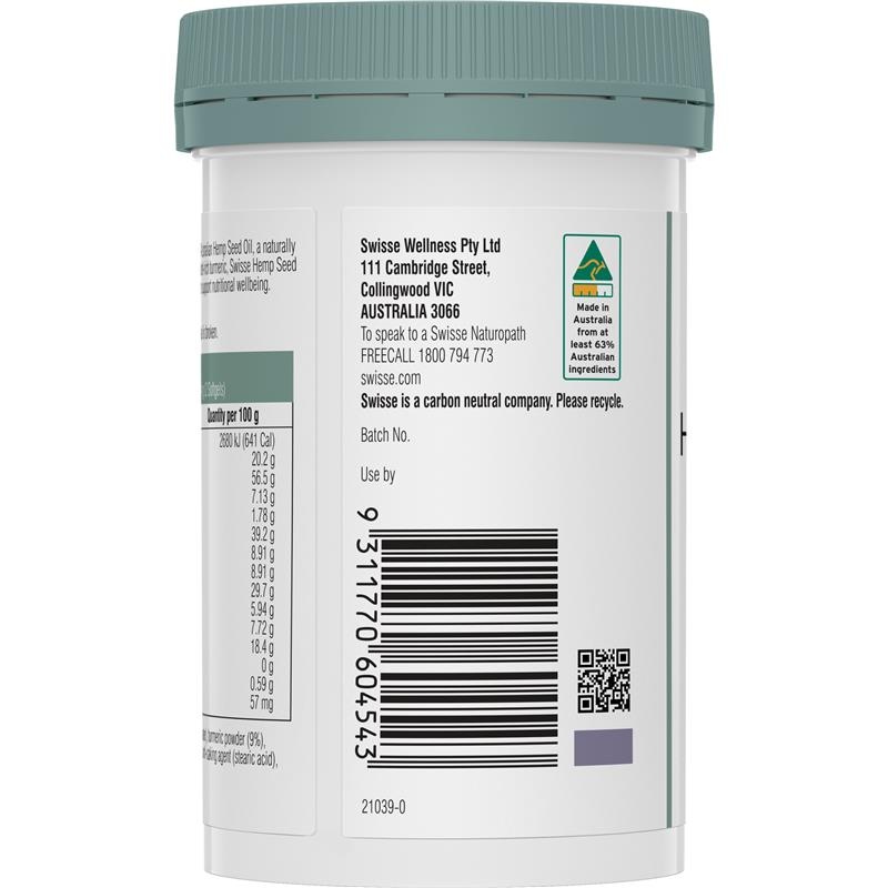 [Hãng Ngưng SX] Viên uống dầu hạt cây gai dầu và củ nghệ hỗ trợ sức khỏe dinh dưỡng Swisse Hemp Seed Oil + Turmeric 60 Viên