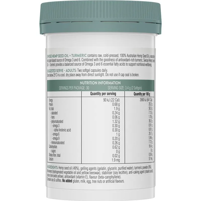 [Hãng Ngưng SX] Viên uống dầu hạt cây gai dầu và củ nghệ hỗ trợ sức khỏe dinh dưỡng Swisse Hemp Seed Oil + Turmeric 60 Viên