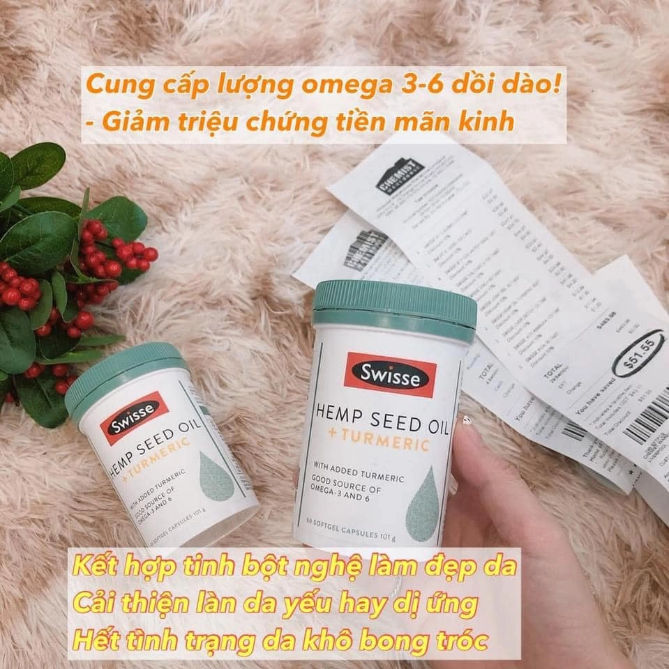 [Hãng Ngưng SX] Viên uống dầu hạt cây gai dầu và củ nghệ hỗ trợ sức khỏe dinh dưỡng Swisse Hemp Seed Oil + Turmeric 60 Viên