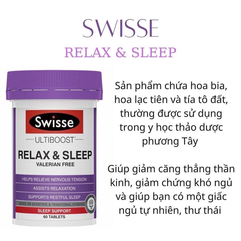 Viên uống giúp thư giản và hỗ trợ ngủ ngon Swisse Ultiboost Relax & Sleep 60 viên Úc