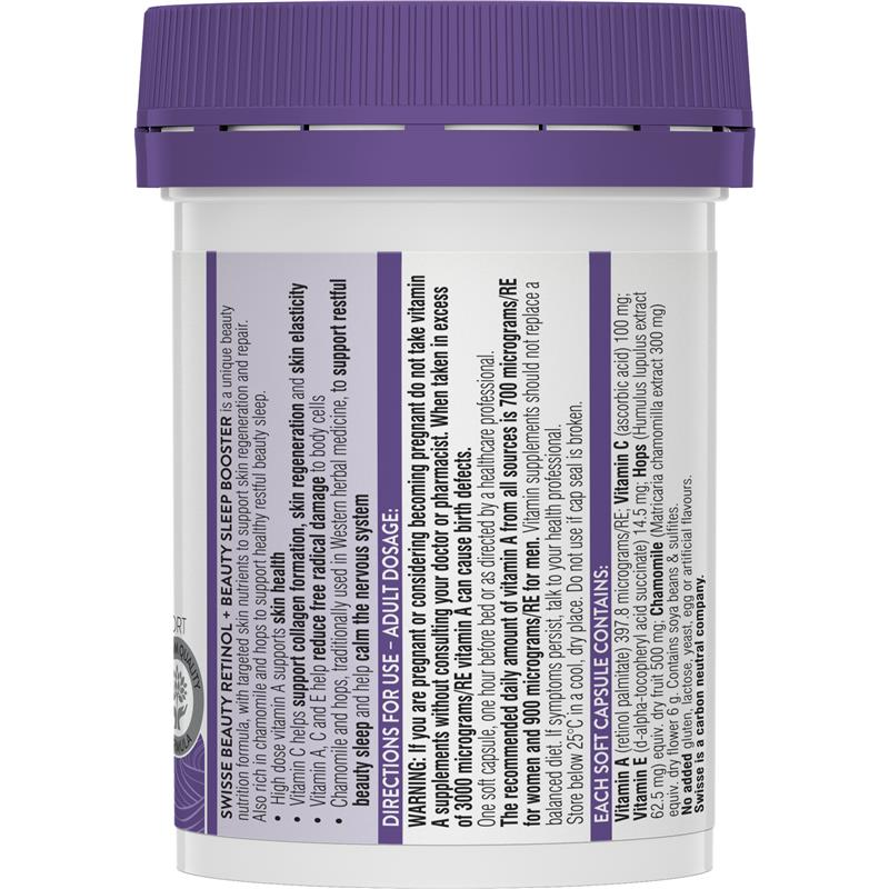 Viên uống Retinol tái tạo da và hỗ trợ ngũ ngon - Swisse Beauty Retinol + Beauty Booster 30 Viên