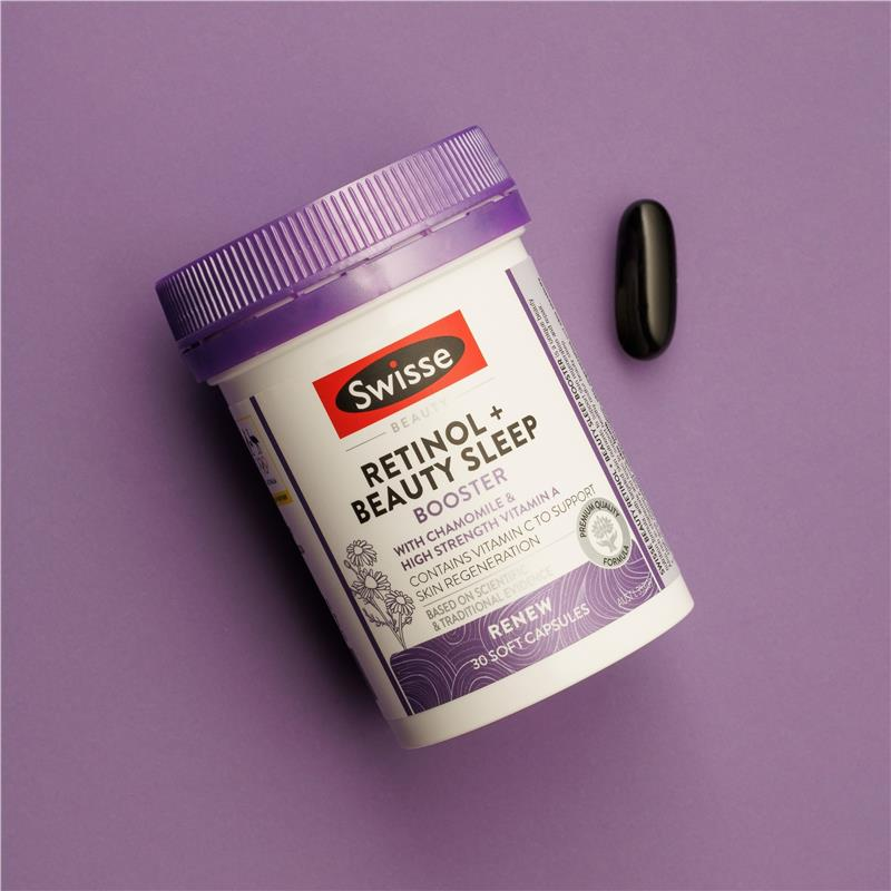 Viên uống Retinol tái tạo da và hỗ trợ ngũ ngon - Swisse Beauty Retinol + Beauty Booster 30 Viên