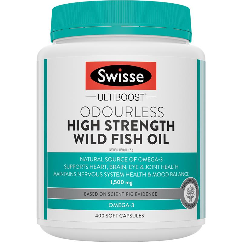 Viên uống dầu cá biển liều cao - Swisse Ultiboost Odourless High Strength Wild Fish Oil 1500mg 400 capsules
