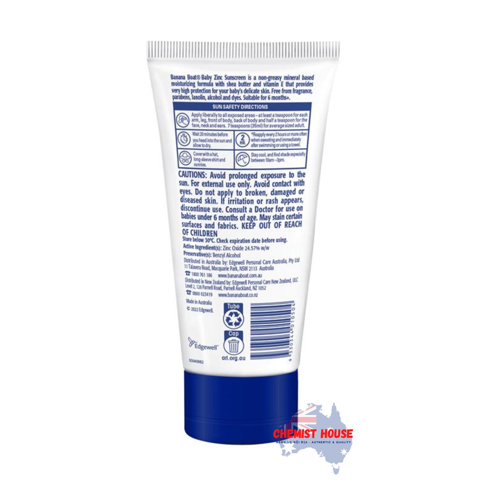 Kem Chống Nắng Phổ Rộng Bảo Vệ Da & Chống Nước Kẽm ZinC Banana Boat Baby SPF 50+ 100g Dạng Tuýp - Banana Boat Baby Zinc SPF 50+ 100g