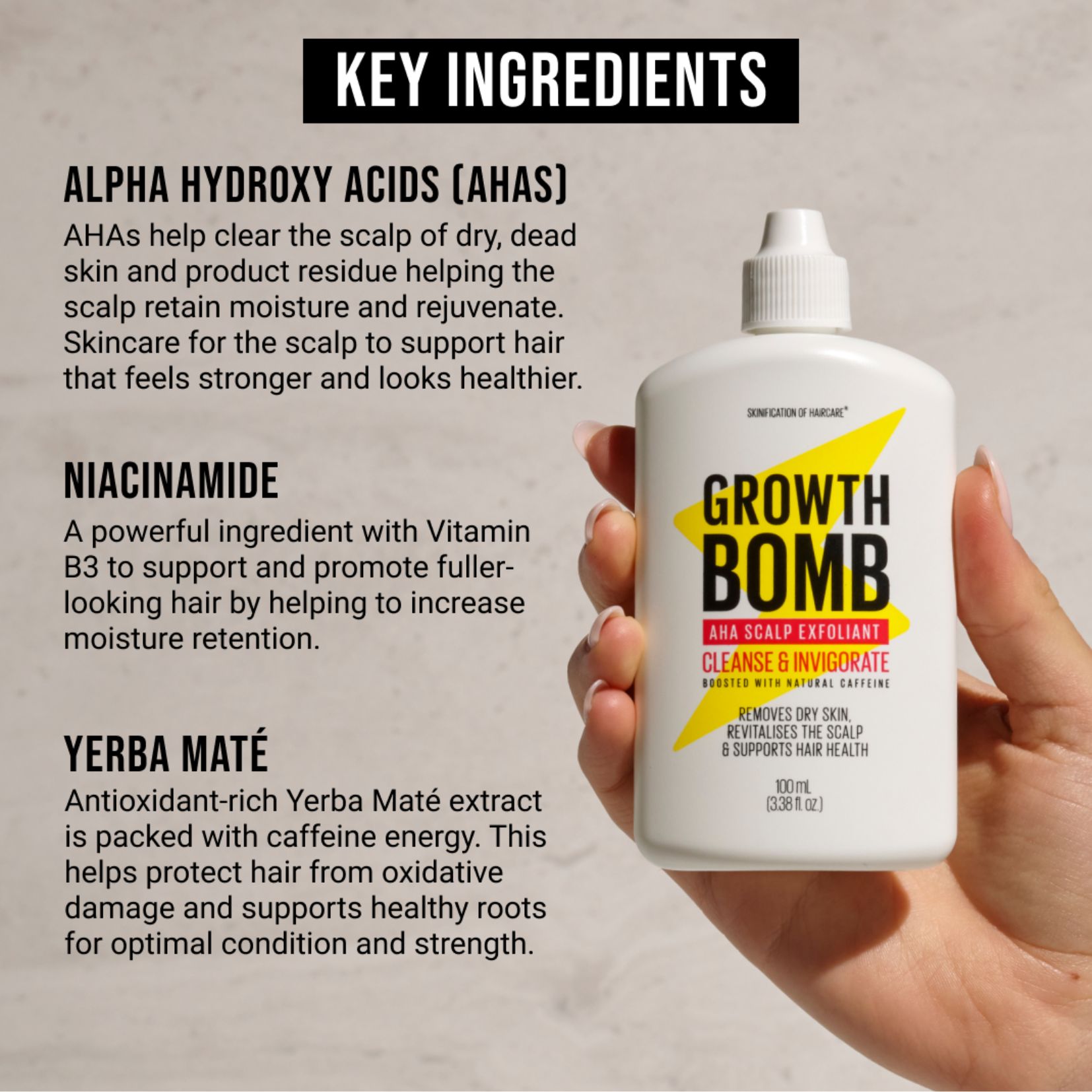 Tẩy Tế Bào Chết Da Đầu Hỗ  Trợ Loại Bỏ Da Khô & Phục Hồi Da Đầu Growth Bomb AHA 100m - Growth Bomb AHA Scalp Exfoliant 100ml