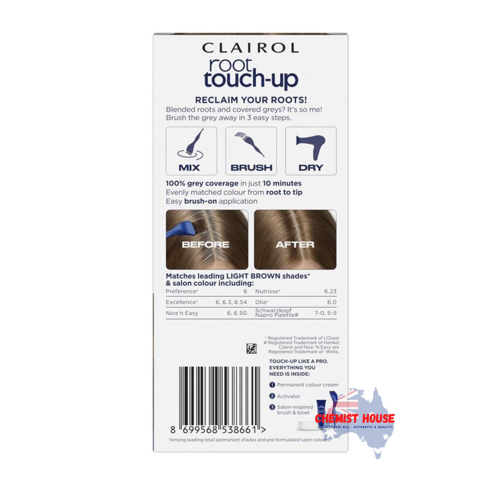 Thuốc Nhuộm Tóc Chuẩn Màu & Dễ Dàng Sử Dụng Lâu Phai - Clairol Nice N Easy Root Touch Up Số 6 Màu Nâu Nhạt - Clairol Nice N Easy Root Touch Up Permanent Hair Colour 6 Light Brown