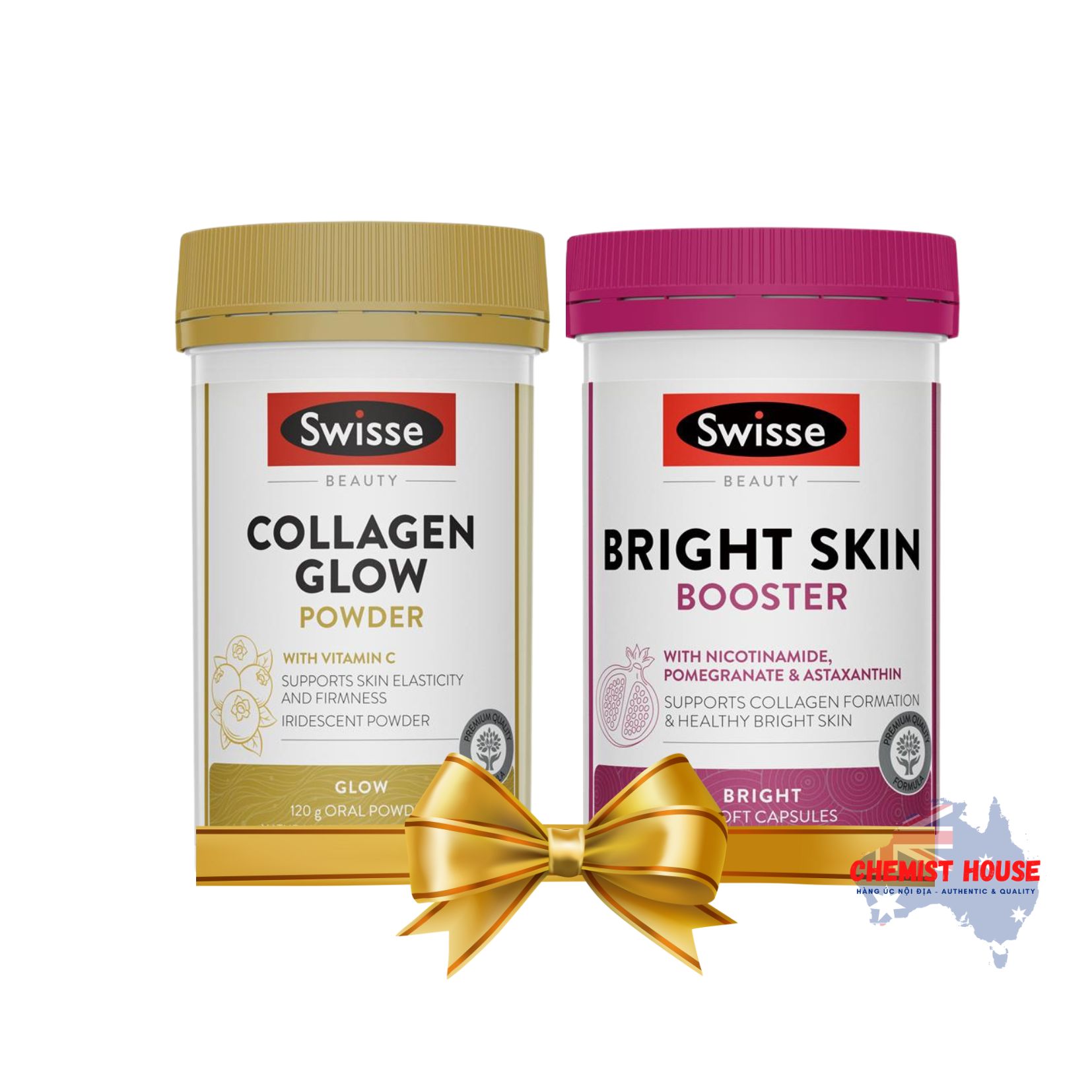 Combo Collagen thủy phân + viên uống trắng da chống nắng Swisse Úc Swisse Collagen Glow peptides + Swisse Bright Skin