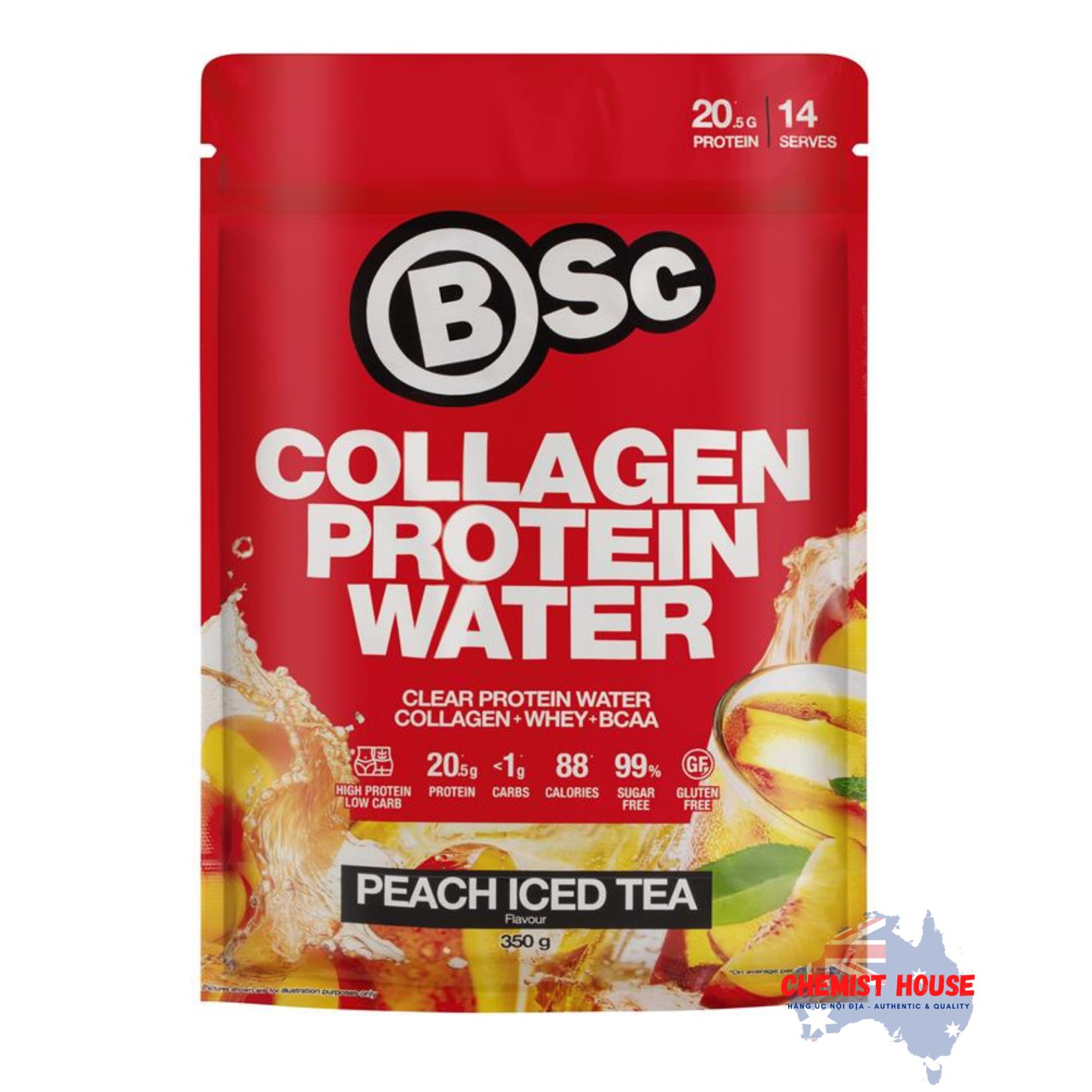 Nước Protein Collagen BSc Dâu Tây Chanh/ Đào 350g - BSc Collagen Protein Water Strawberry Lime/Peach Ice Tea 350g