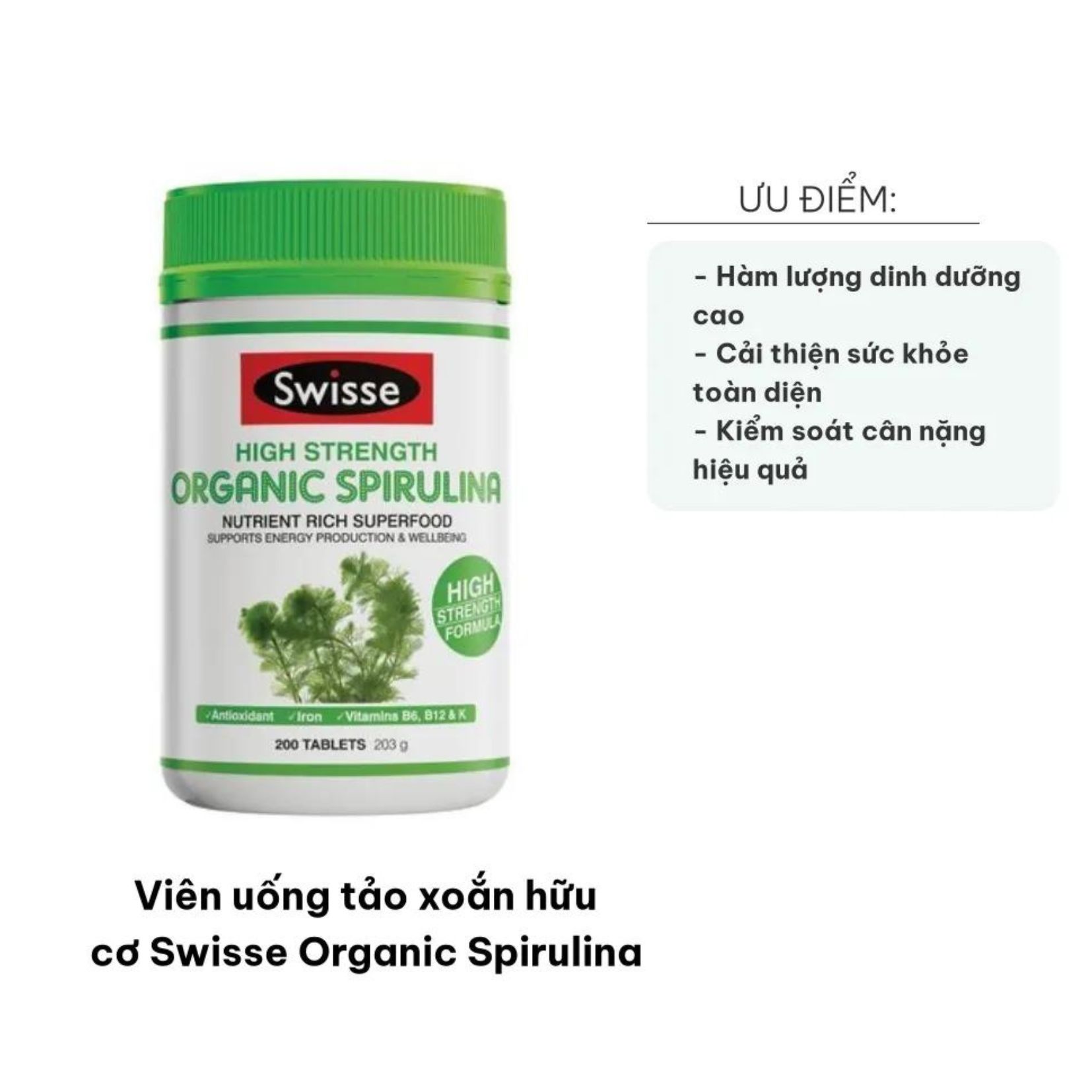 Swisse Tảo Xoắn Hữu Cơ Organic Spirulina 1000mg 200 Viên - Swisse Organic Spirulina 1000mg 200 Tablets