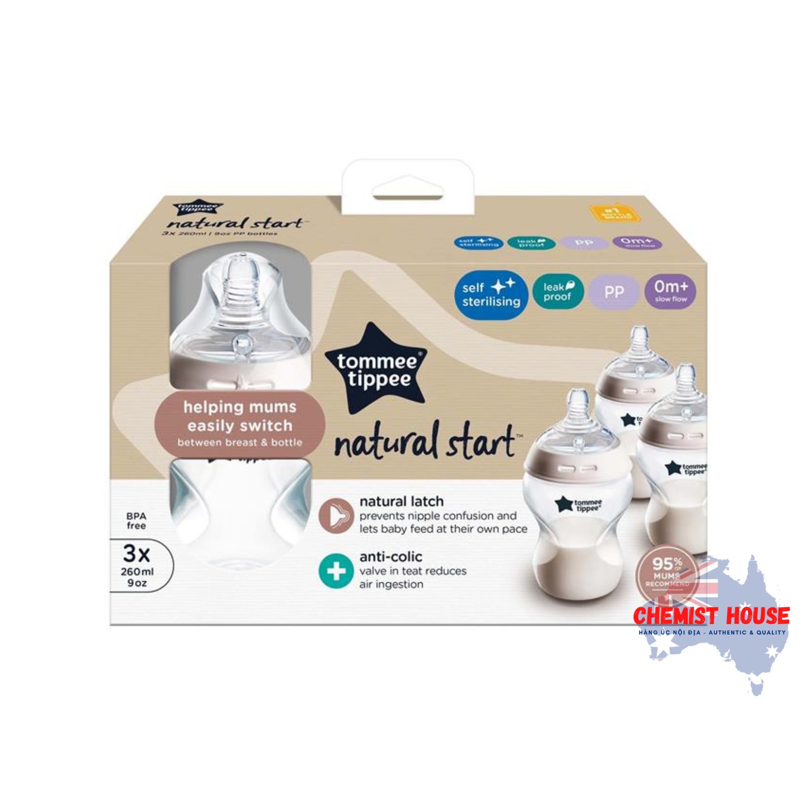 Bộ 3 Bình Sữa PP Ty Siêu Mềm Siêu Tự Nhiên Cho Bé 260ml - Tommee Tippee Natural Start 260ml PP Bottles Boy 3 Pack
