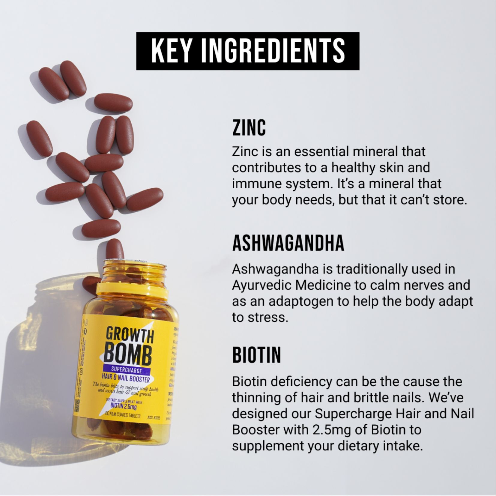 Viên Uống Hỗ Trợ Tăng Cường Mọc Tóc & Móng Growth Bomb Supercharge 60 viên - Growth Bomb Supercharge Hair Growth & Nail Booster 60 Tablets