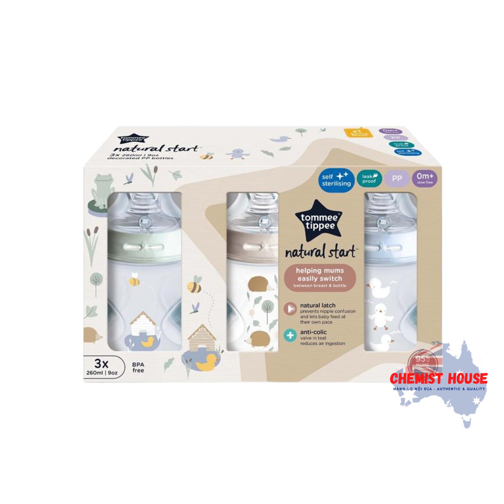 Bộ 3 Bình Sữa PP Ty Siêu Mềm Siêu Tự Nhiên Cho Bé 260ml - Tommee Tippee Natural Start 260ml PP Bottles Boy 3 Pack
