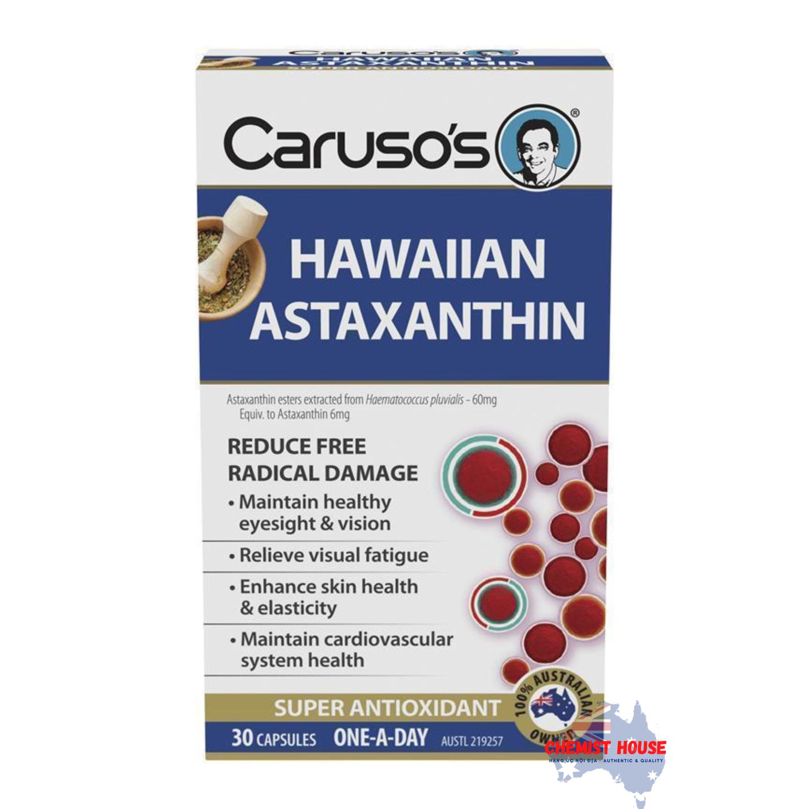 Viên Uống Hỗ Trợ Tế Bào & Chống Oxy Hóa Carusos 30 Viên - Carusos Hawaiian Astaxanthin 30 Capsules