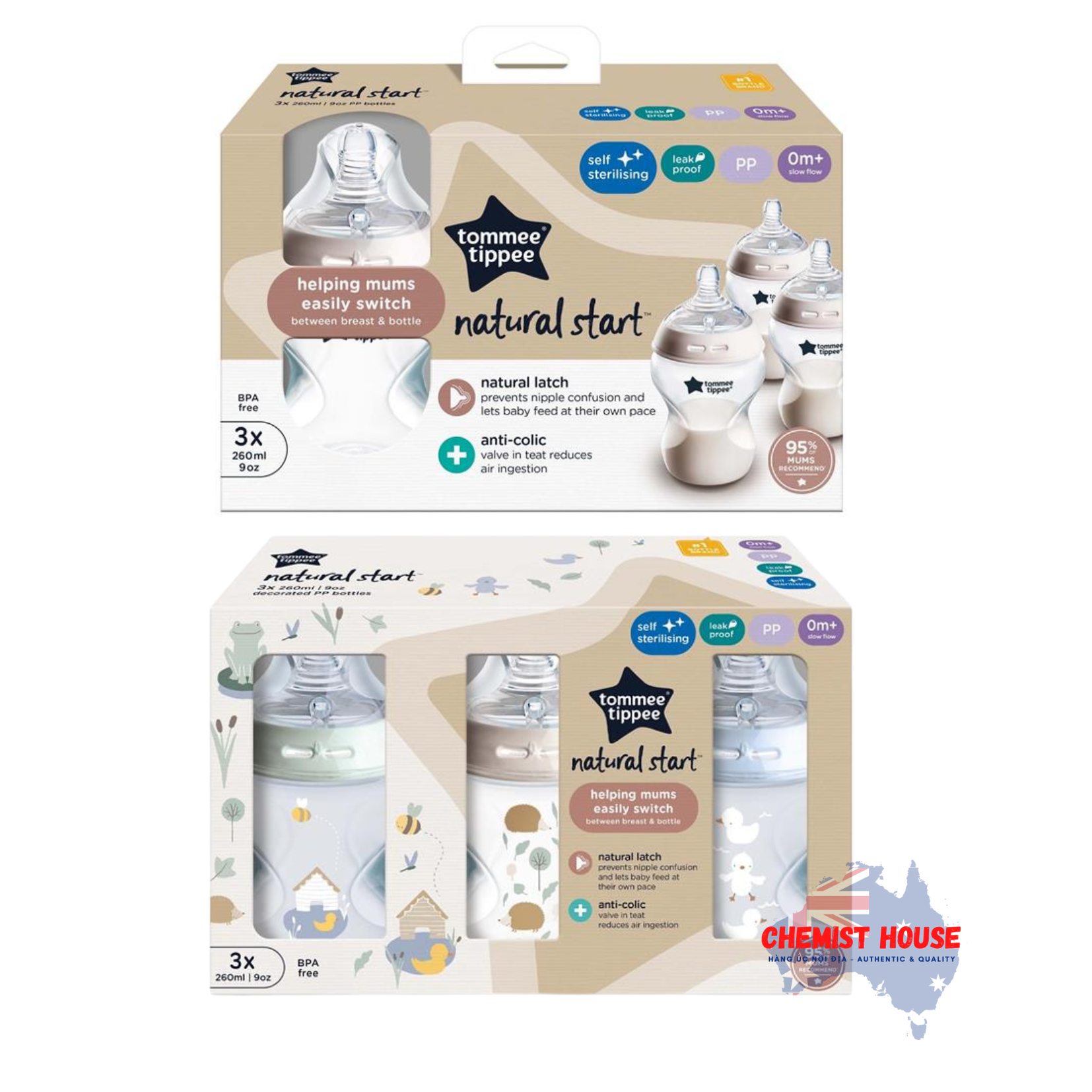 Bộ 3 Bình Sữa PP Ty Siêu Mềm Siêu Tự Nhiên Cho Bé 260ml - Tommee Tippee Natural Start 260ml PP Bottles Boy 3 Pack