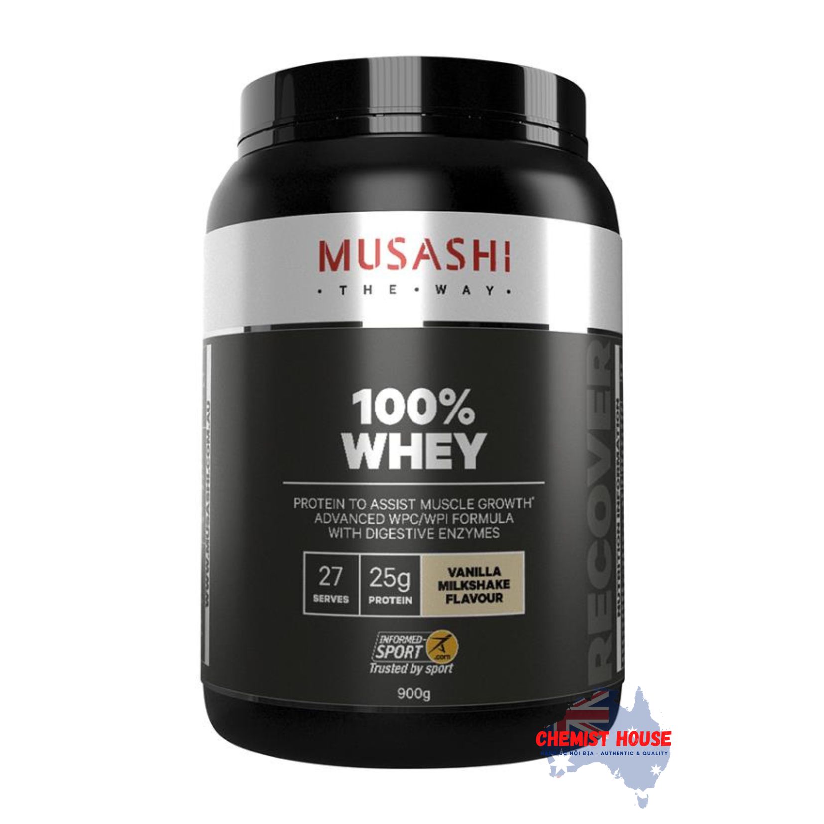 Bột Protein Whey Musashi 100% Hỗ Trợ Tăng Trưởng & Phục Hồi Cơ Bắp Vị Caramel Muối/Vanila/Sô cô la 900g - Musashi 100% Whey Salted Caramel 900g