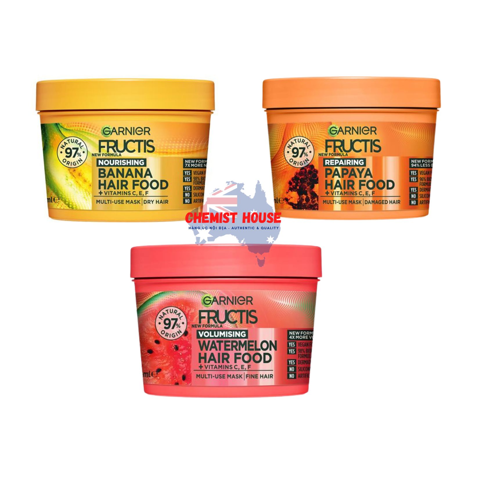 Kem Ủ Tóc Đa Công Dụng 3 Trong 1 & Thành Phần Tự Nhiên Garnier Fructis 390ml - Garnier Fructis Hair Food Watermelon/ Banana/ Papaya  3-in-1 Mask Treatment for Damaged Hair 390ml
