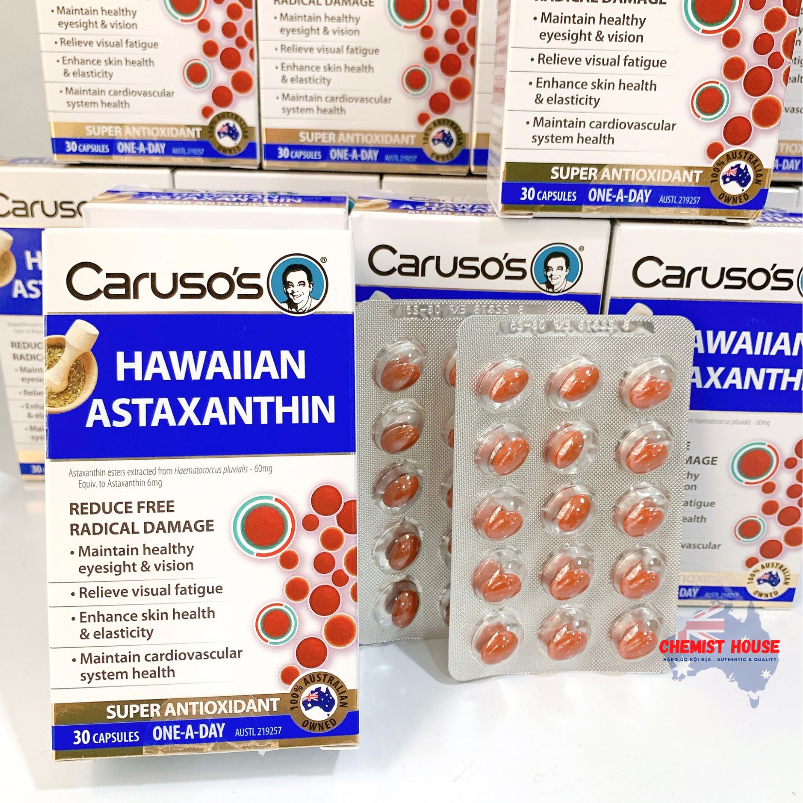 Viên Uống Hỗ Trợ Tế Bào & Chống Oxy Hóa Carusos 30 Viên - Carusos Hawaiian Astaxanthin 30 Capsules