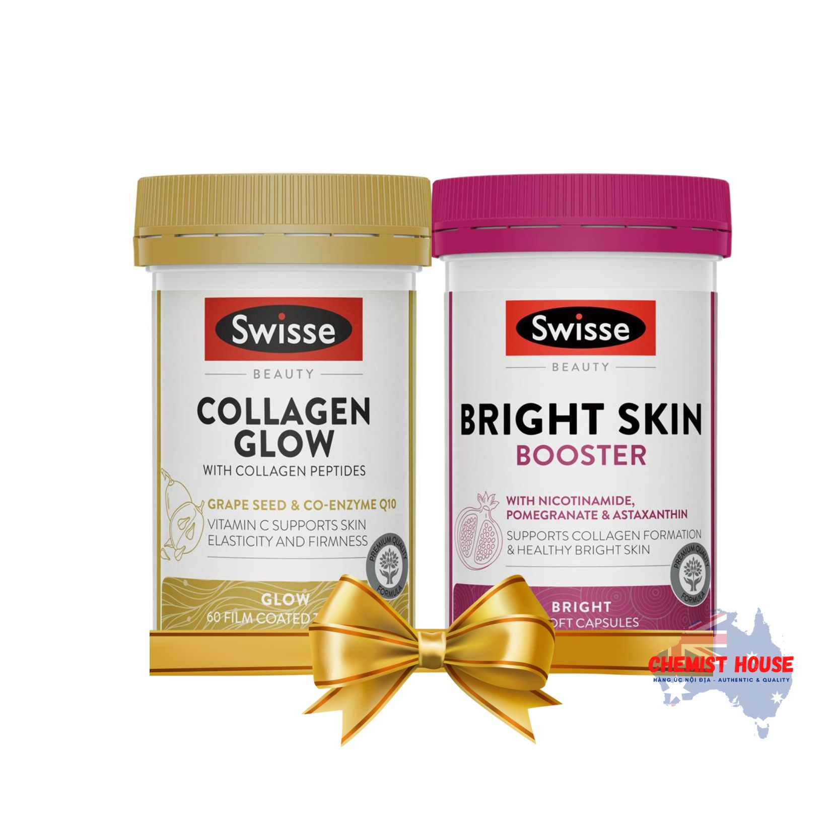 Combo Collagen thủy phân + viên uống trắng da chống nắng Swisse Úc Swisse Collagen Glow peptides + Swisse Bright Skin