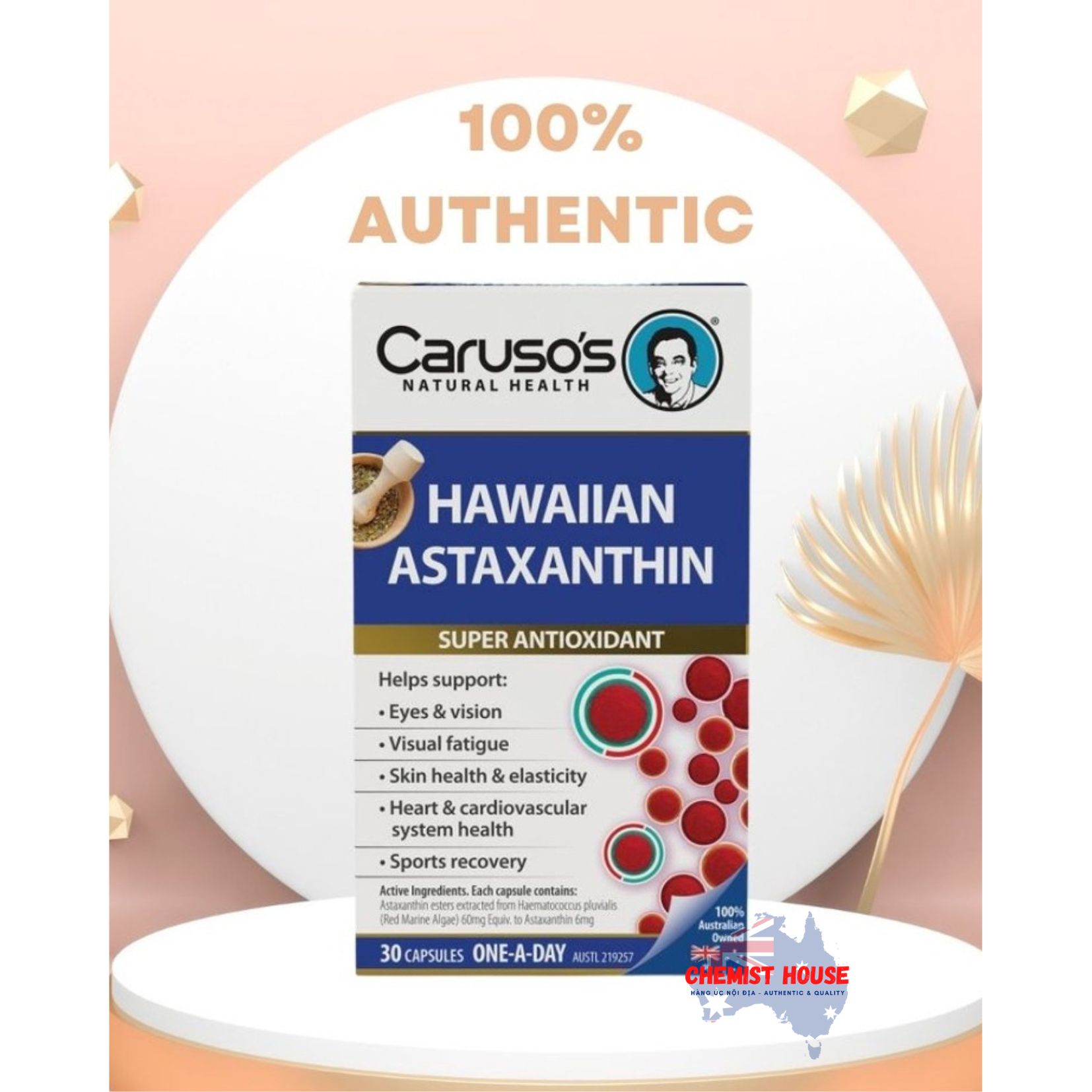 Viên Uống Hỗ Trợ Tế Bào & Chống Oxy Hóa Carusos 30 Viên - Carusos Hawaiian Astaxanthin 30 Capsules