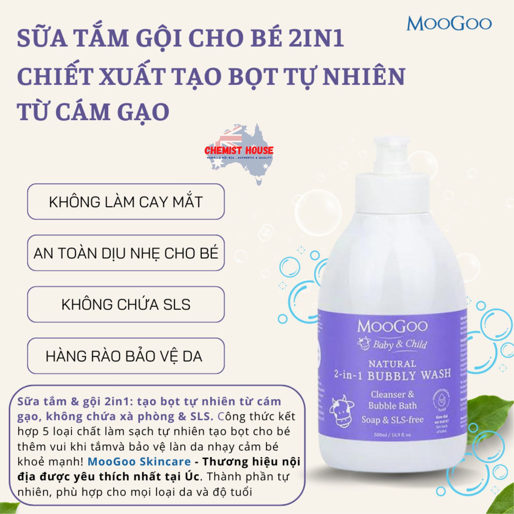 Sữa Tắm Gội Tự Nhiên MooGoo Không SLS, SULFATE Từ Cám Gạo Tạo Bọt Cho Bé 2In1 1L - MooGoo Baby And Child 2 In 1 Bubbly Wash 1 Litre
