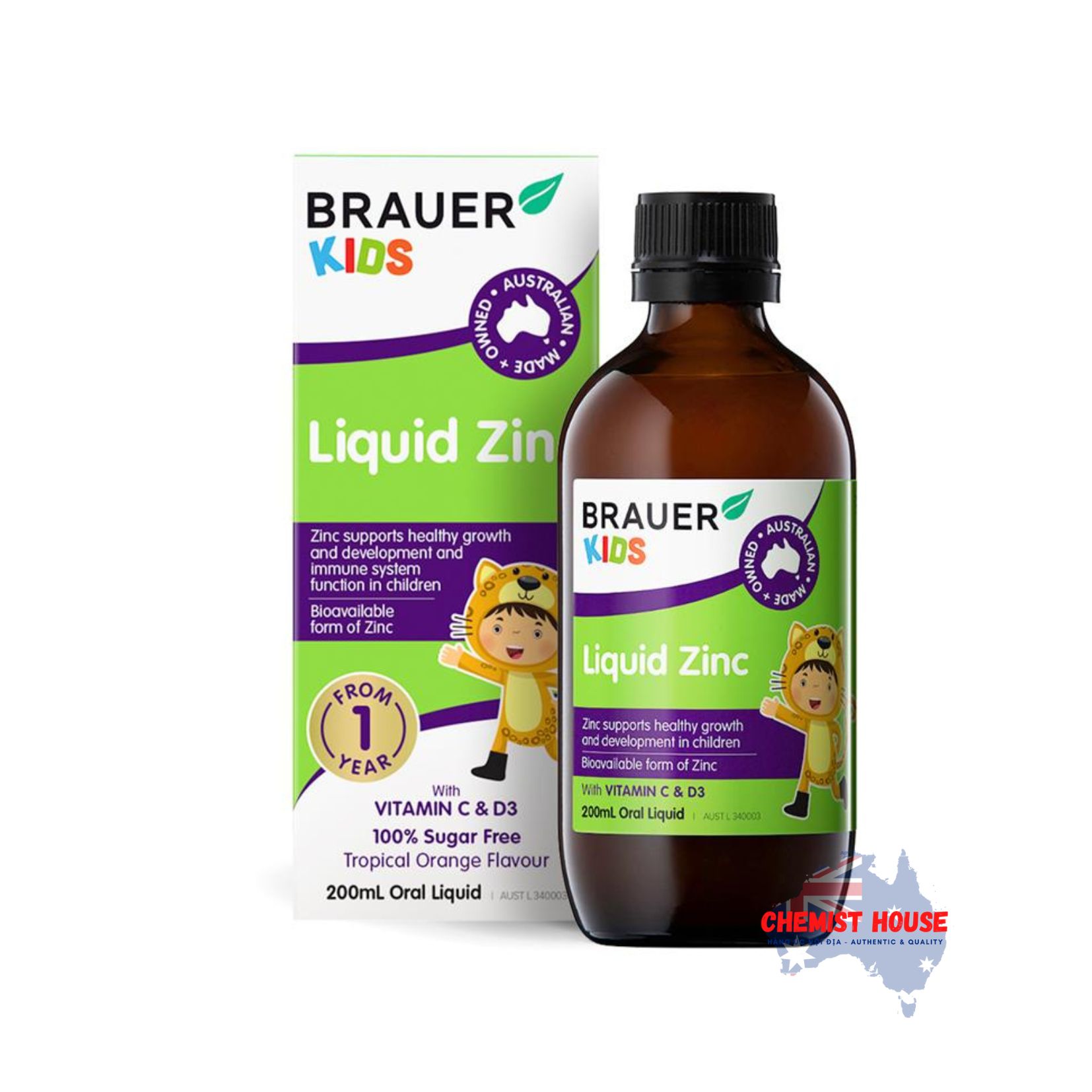 Siro Bổ Sung Kẽm, Vitamin C Và Vitamin D Cho Bé Trên 1 Tuổi Brauer Kids Liquid Zinc 200ml
