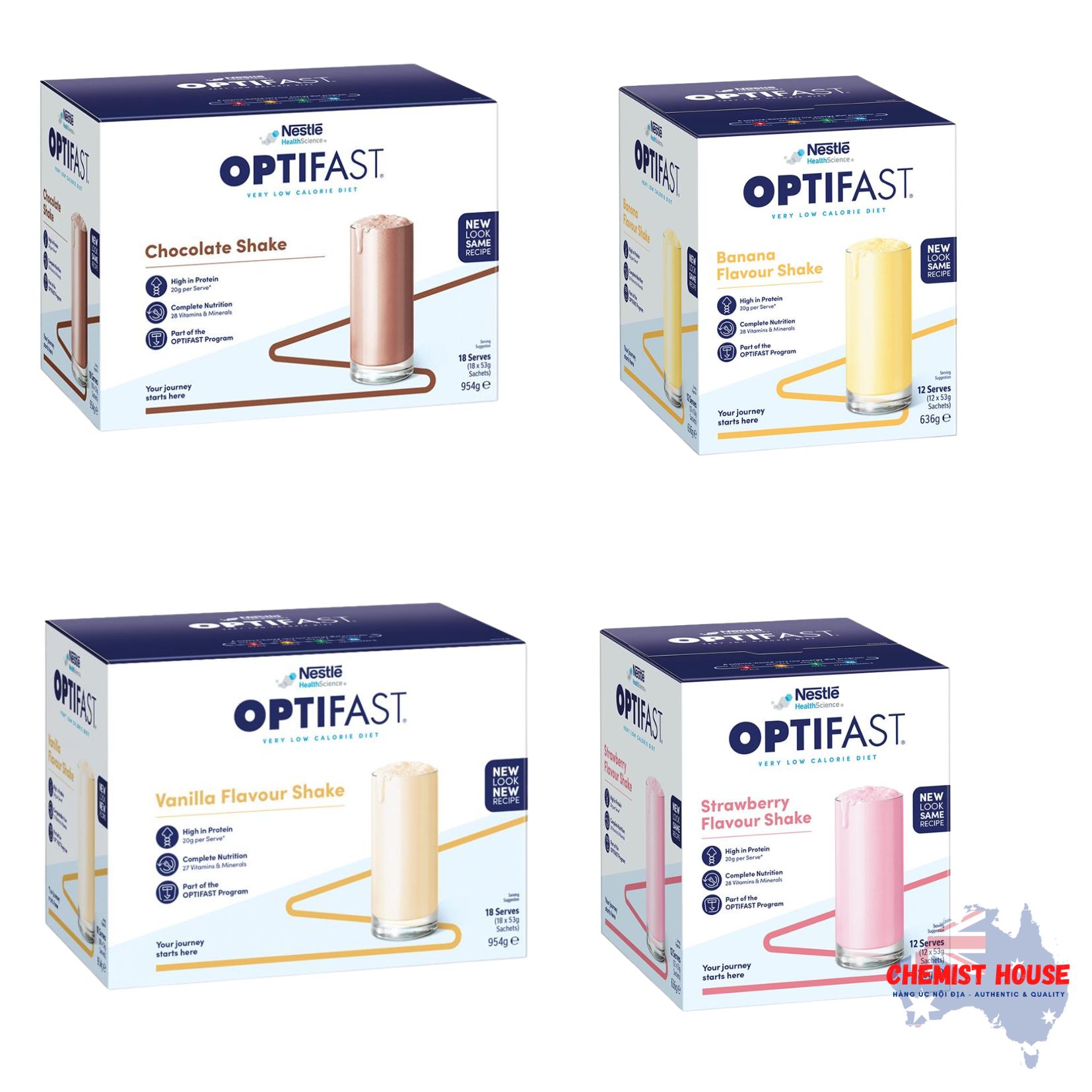 Optifast VLCD Shake Chocolate, Vanilla, Banana, Strawberry Ít Calo & Cung Cấp Chất Dinh Dưỡng Cần Thiết Để Giảm Cân An Toàn & Hiệu Quả - Optifast VLCD Shake Chocolate, Vanilla, Banana, Strawberry 18 x 53g