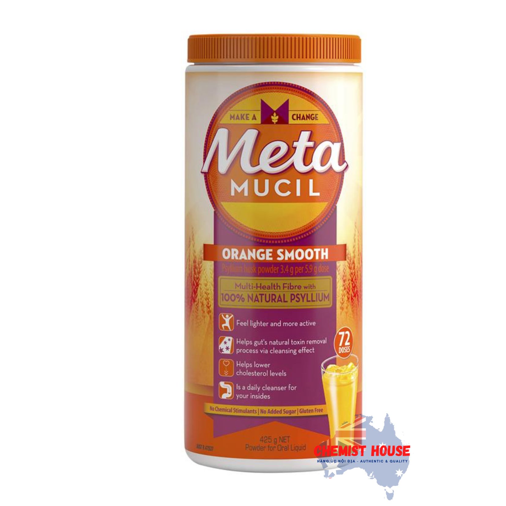 Viên Uống Bổ Sung Chất Xơ Metamucil Smooth Orange 72 liều 425g - Metamucil Fibre Supplement Smooth Orange 72 Dose 425g